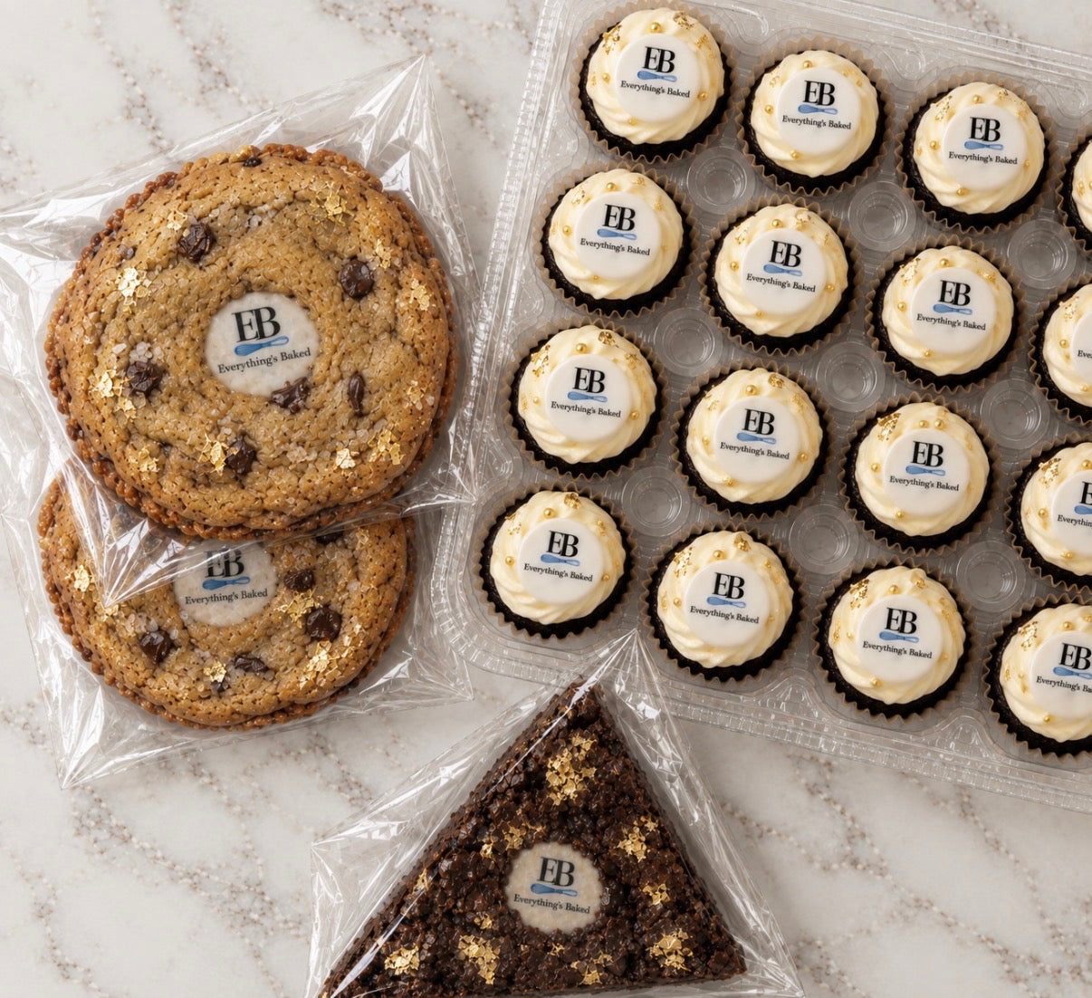 Gold-leaf cookies, mini cupcakes and brownies